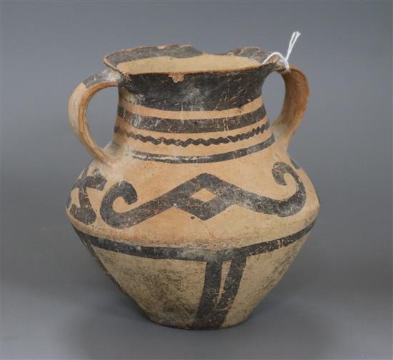 A pottery two-handled vessel, possibly pre-Columbian, H 16cm